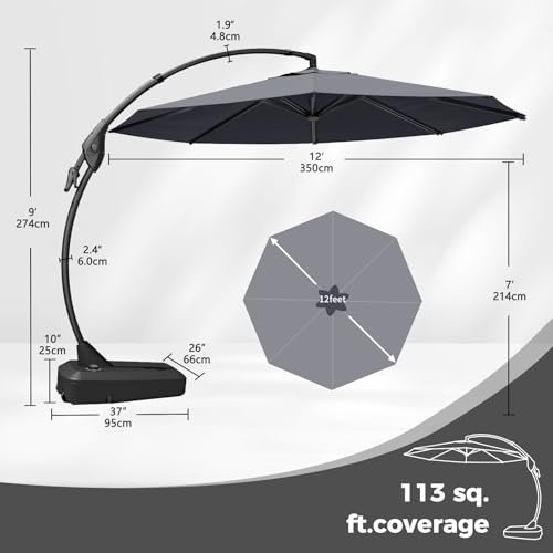 Grand patio 12 FT Sunbrella Cantilever Umbrella with Base Outdoor Aluminum Offset Umbrella with Tilt Adjustment (Charcoal, 12 FT-SUNBRELLA) - color: Charcoal-SUNBRELLA, size: 12 FT