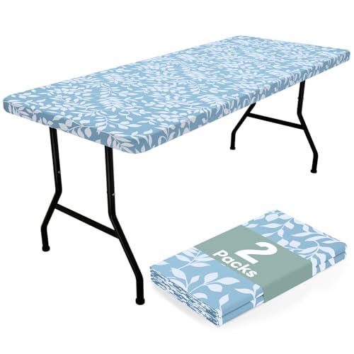 misaya 2 Pack Vinyl Tablecloth, Fitted Table Cover, 100% Waterproof, Elastic Edge, Flannel Backing, Plastic Table Cloth Fit 6 Foot Folding Tables for Picnic, Camping, Outdoor (Blue Leaves, 30x72 inch) - color: Baby Blue, size: 72" X 30" (Rectangular)- 2 P