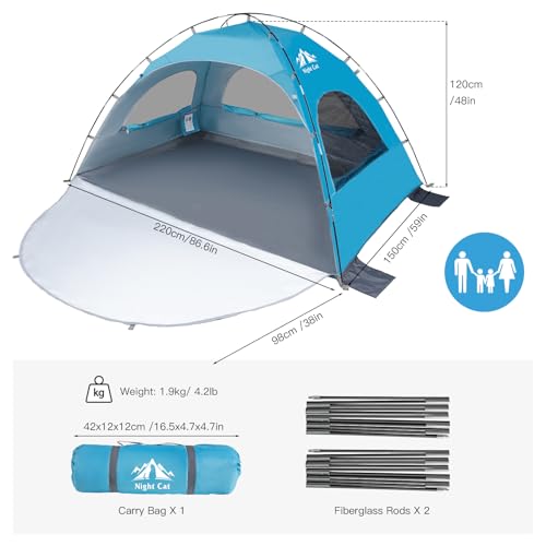 Night Cat Beach Tent Portable Camping Sun Shade Shelter for 2-4 Persons with UV Protection 3 Breathable Mesh Windows Extended Tent Floor Easy Set Up Outdoor