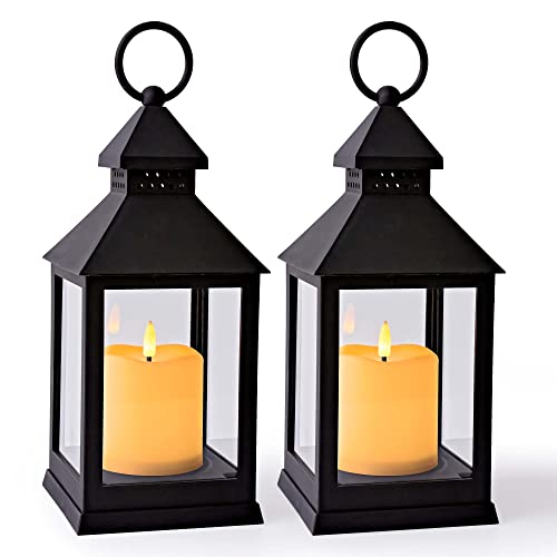 Vintage Lantern Decorative LED Flickering Flameless Candle with Timer, Battery Powered LED Decorative Hanging Lanterns for Indoor Outdoor Garden Yard Home Decor(2 Pack) - color: Black, size: 2Pack
