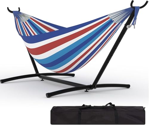 TrailBlaze Double Hammock with Stand, Heavy Duty Portable Steel Hammock Set for Outdoor and Indoor Use, 500lb Capacity, Includes Carrying Bag, Space Saving Design,Quick Assembly - color: Blue, White and Red Stripes