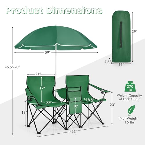 COSTWAY Double Portable Picnic Chairs, Folding Camping Chairs w/Detachable Umbrella, Cooler Bag, Cup Holders, Patio Beach Camping Chairs for Outdoors, Green - color: Green