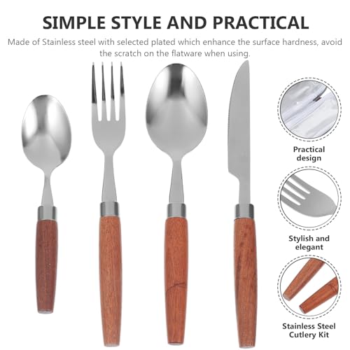 Kisangel Camping Cutlery Set 4pcs Stainless Steel Fork Spoon Knife with Vintage Wooden Handles and Gray Carry Bag for Outdoor Picnic and Camping Tableware