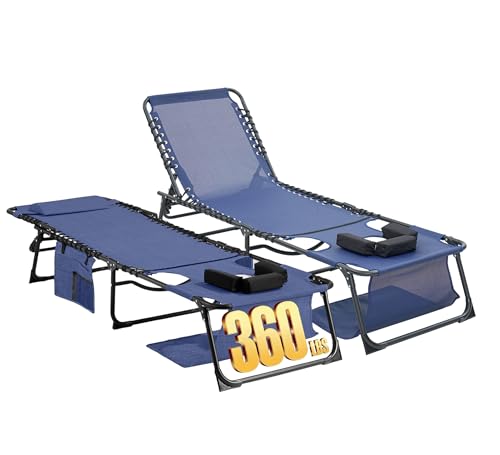 Face Down Chaise Lounge Chair Set of 2, 5-Position Adjustable Sunbathing, Foldable Tanning Chair with Face& Arm Holes, Outdoor Recliner Chair for Pool, Beach, Patio, Lawn (Dark Blue, 2 Pcs) - color: Navy Blue&hole