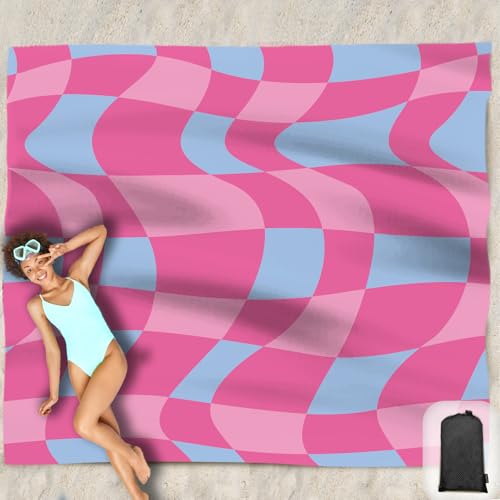 Beach Blanket Waterproof Sandproof Oversized 95”x 80”,Sand Free Beach Mat with Corner Pockets,Portable Mesh Bag for Travel and Outdoor Camping (Dreamsea) (Pinkblue Check) - color: Pinkblue Check