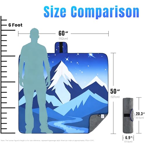 Tirrinia Waterproof Outdoor Blanket with Sherpa Lining, Windproof Triple Layers Warm Comfy Foldable for Camping Stadium, Beach, Picnic, Grass, Concerts, Car, Dog, 51''X 59'' & 59''X 80'' - color: Navy Mountain, size: 51” x 59”
