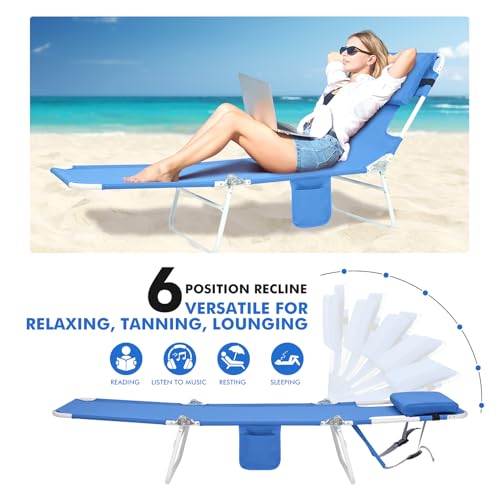 3 in 1 Women Comfort Backpack Tanning Beach Chair with Face Hole Padded Adjustable & Cushion | Portable Folding Lounge Sun Chair for Adult Outside Reading Sunbathing Poolside | Reclining 6 Position - color: Royal Blue / 1 Pack