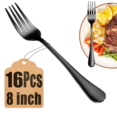 16 Piece Black Dinner Forks Set, Food-Grade Stainless Steel Silverware Forks, Cutlery Fork, Metal Fork for Home, Kitchen or Restaurant, Mirror Polished, Dishwasher Safe - 8 Inch - size: 16pcs-black