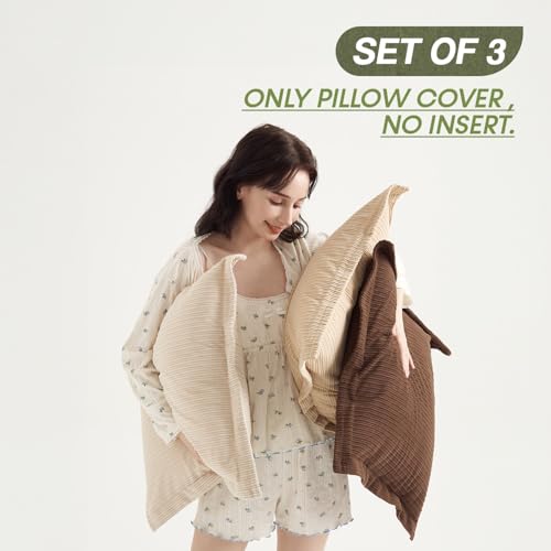 COCO TOP Pack of 3 Boho Vintage Accent Throw Pillow Covers 18x18inch, Soft Corduroy with Stripes Pillow Covers Pillowcases Farmhouse Home Decor for Living Room Bedroom (Deep Brown, Beige & Camel) - color: Dark Brown/Beige/Camel, size: 18" x 18" (Pack of 3
