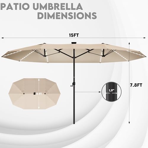 GDPFN 15ft Large Patio Umbrella with Solar Lights, Outdoor Double-Side Rectangular Umbrella, Backyard Pool Umbrella with LED Light for Deck, Outside, Market, Beige (Base Not Include) - color: Beige, size: With Led