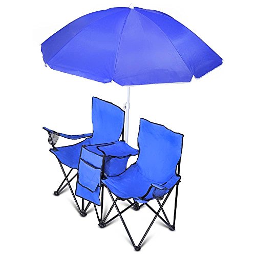 GoTEAM! Portable 2-Seat Folding Camp Chair with Cooler, Umbrella & Cup Holders – Outdoor Picnic, Beach, or Tailgate Seating – Carry Case Included - color: Blue