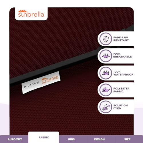 Midtown Umbrellas - The Lean 9 Ft Patio Umbrella with Fade-Resistant Sunbrella Fabric, Auto-Tilt Aluminum Frame and 8 Reinforced Ribs for Deck, Pool & Garden - Burgundy Canopy, Black Pole - color: Sunbrella Burgundy, size: 9 Feet