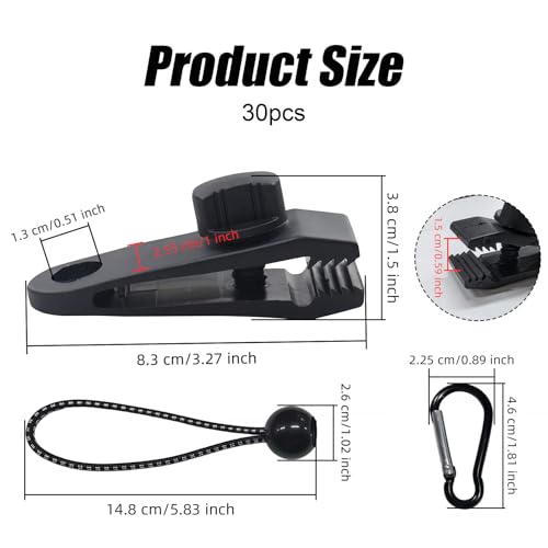 30 Pack Tarp Clips with Bungee Balls & Buckle, Heavy Duty Tarp Tie Downs, Waterproof Lock Grip Tent Clips for Camping, Garden Shade Cloth, Car Cover and Awning, Black - size: 30 PCS
