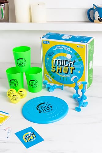 Fizz Creations Trick Shot The Game. Includes All You Need to Practice the Perfect Shot! Includes Stacking Cups, Ping Pong Balls, Sticky Darts, Throwing Disc & Challenge Cards. Garden Games Party Games