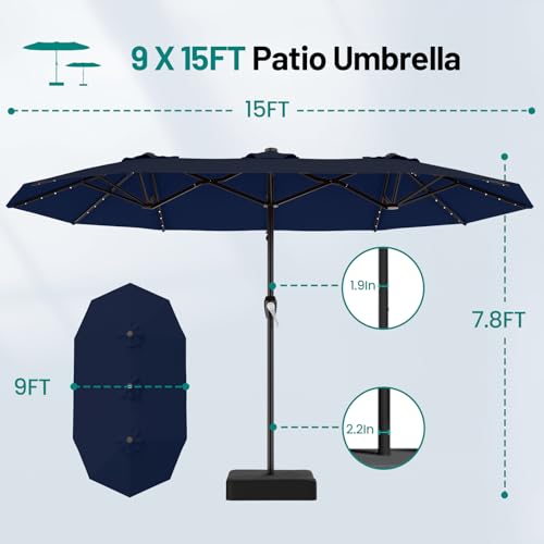AreShark 15FT Patio Umbrella with Solar Lights, Double Sided Outdoor Table Umbrellas with Crank, Large Rectangular Market Umbrella for Porch, Lawn, Pool, Backyard, Navy - color: Navy, size: 9x15 Ft