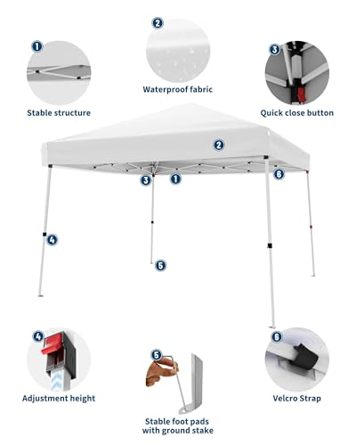 10x10ft Pop Up Canopy Tent with Slant Legs – Outdoor Instant Gazebo Shelter, UV-Resistant Waterproof Cover, Adjustable Height, Carrying Bag – 8x8ft Shade for Patio, Beach, Garden, Events - color: White