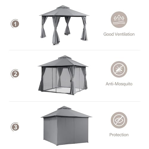 LAUSAINT HOME 10'x10' Outdoor Patio Gazebo, Heavy Duty Party Tent & Shelter with Double Roofs, Mosquito Nettings and Privacy Screens for Backyard, Garden, Deck (Grey) - color: Gray, size: 10'x10'