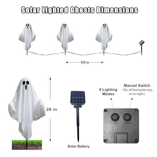 Solar Powered Halloween Decorations, 3 Pack Light Up Ghost Outdoor Path Pathway Kit Walkway Driveway Warm White Led Lights Solar Power Scary Yard Stakes Garden Lawn Decor