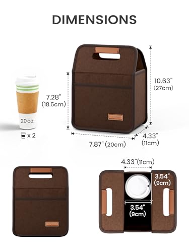 Fluxynara 2-Cup Reusable Felt Drink Carrier with Handle and Adjustable Shoulder Strap, Drink Holder for Car, Multi-Cup Drink Carrier Bag for Delivery, Travel, Picnics (Coffee Brown) - color: Coffee Brown, size: 2 Cups