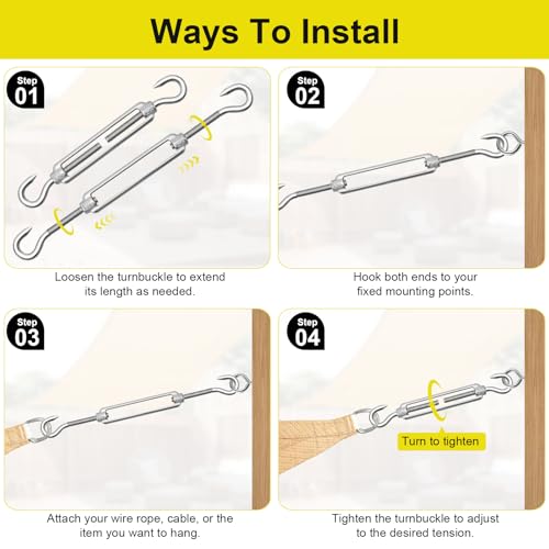 6Pcs M6 Hook & Hook Turnbuckle, 304 Stainless Steel Shade Sail Hardware Kit, Heavy Duty Wire Rope Tensioner, Bright Finish, Antirust, for Sun Shade Sail & Cable Railing - color: Silver, size: M6-6PCS