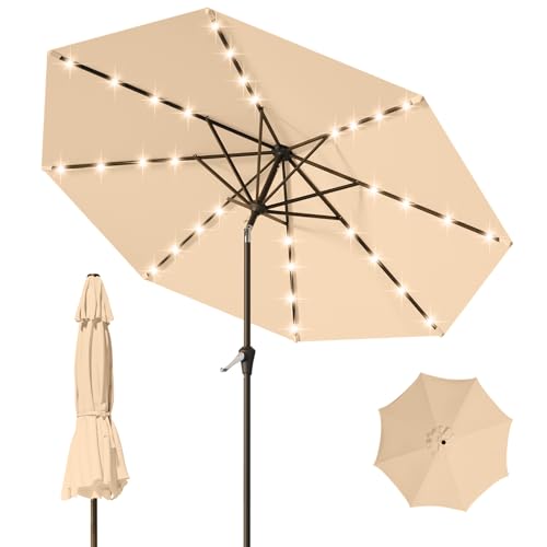 9FT Patio Umbrella with Solar Lights,Outdoor Market Umbrella with Tilt and Crank, LED Lighted Table Umbrella for Garden,Deck,Backyard,Pool,Beach (Khaki) - color: Khaki