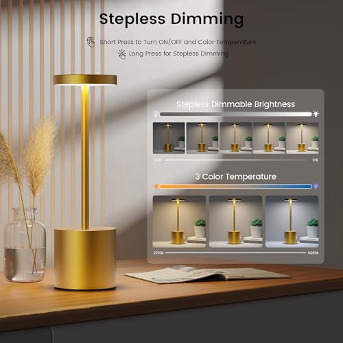 SAKRINGT 2 Pack Cordless Table Lamp Rechargeable, 5000mAh Battery Operated Portable Table Light,Dimming LED Table Lamp for Restaurant/Patio/Outdoor(Gold) - color: 2Pack Gold