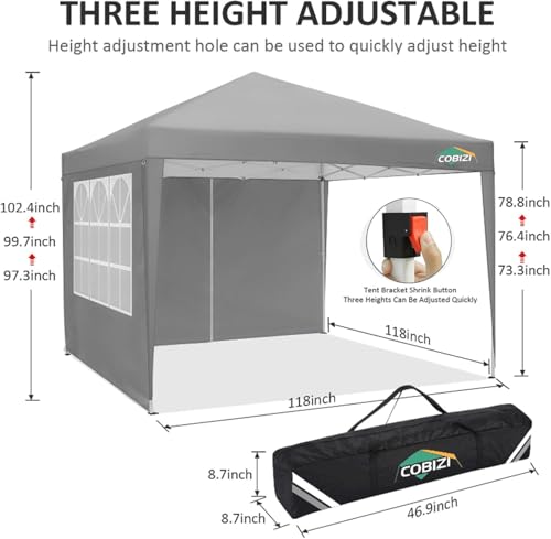 COBIZI 10x10 Pop Up Canopy Tent with 4 Sidewalls Party Tents Waterproof UPF 50+ Commercial Instant Outdoor Events Tent for Parties Markets Backyard, Ropes（10 x 10 ft Gray - color: Gray, size: 10x10FT with 4 sidewalls