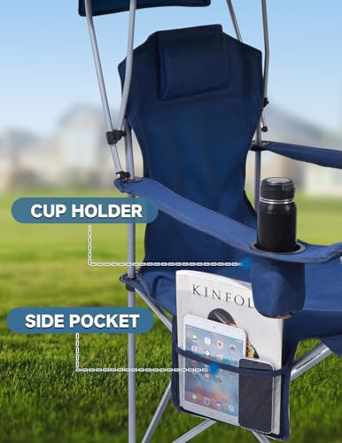 East Oak Camping Chair with Canopy | 25" High Back Folding Beach Chair with Canopy Shade, Supportive Headrest, Cup Holder, Side Pocket, 330 lbs Heavy Duty Canopy Chair for Outdoors - color: Blue, style: Camp Chair