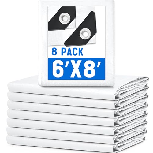 8 Pack 6 x 8 ft 5.5 Mil Large Tarps Heavy Duty Waterproof Tarp Multi Purpose Tent Cover for Home Boats Cars Camping Patio Furniture Roof Emergency Rain Protective Cover, White - color: White, size: 6 x 8 ft