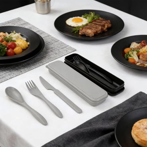 2 Sets Reusable Utensil Set with Case, Portable Camping Fork Knife Spoon Set, Wheat Straw Travel Utensils for Lunch Box, for School Work Lunch or Daily Use (Black, Grey) - color: Black, Grey