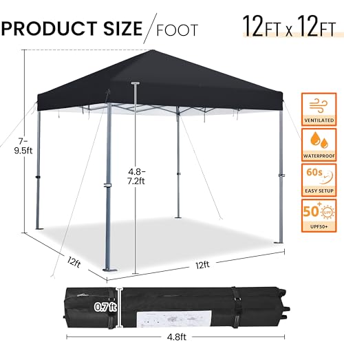 Yaheetech 12x12 Pop Up Canopy Easy Set-up Tent, Portable Outdoor Canopy Instant Tent, Commercial Gazebo with Wheeled Carry Bag & 4 Sandbags for Home, Party & Outdoor Activities, Black - color: Black, size: 12x12