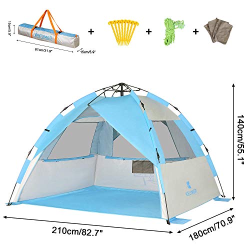 G4Free Deluxe XL Pop Up Beach Tent, 3-4 Persons Easy Setup Sun Shelter Canopy with UPF 50+ UV Protection Extral Wide 70.9 in - color: Large New Light Blue