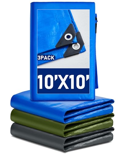 SmoothNovelty 3 Pcs Large Waterproof Tarp 10 x 10 ft Heavy Duty 5.5 Mil Thick Poly Tarpaulin with Grommets Multipurpose Protective Cover for Summer Home Boats Cars Camping Rv Pool Tent - color: Green,blue,silver, size: 10 x 10 ft
