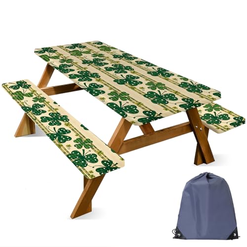 ANNA QUEEN St. Patrick’s Day Clover 6FT Picnic Table Cover with Bench Covers Set of 3 with Drawstring Bag, Green Clover 72"x30" Waterproof Picnic Tablecloth & Bench Covers for Outdoor Dining - color: #53