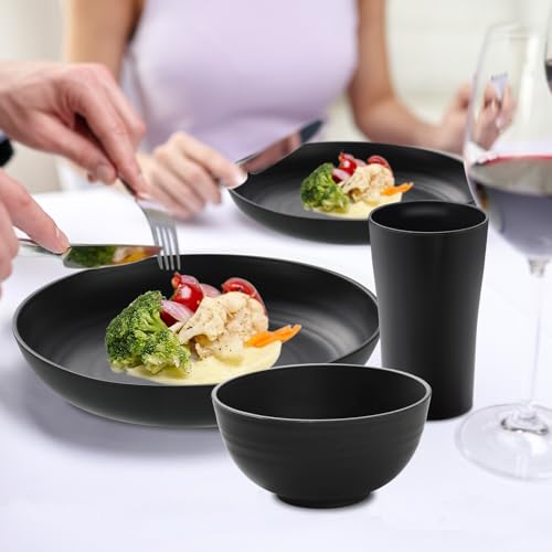 24 Piece Wheat Straw Dinnerware Sets of 6, Kitchen Plates and Bowls Sets, Unbreakable Plastic Dish Set for Camping, Dishwasher Microwave Safe, Kitchen and Dinning Essentials, Black - color: Black, size: 24piece Wheat Straw Dinnerware Sets