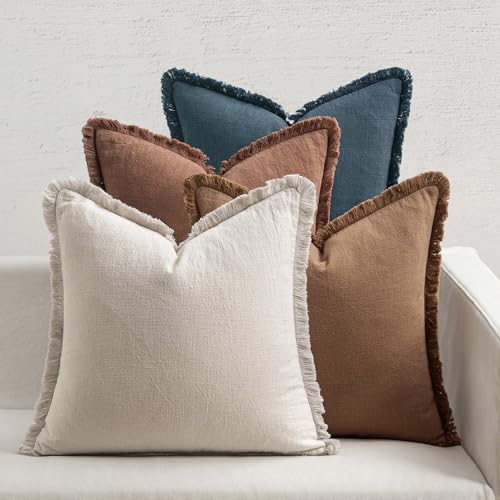 MIULEE Decorative Couch Pillow Covers Neutral Linen Fringe Throw Pillows Set of 4 Modern Rustic Cushions Boho Farmhouse Pillowcases for Bed Sofa Living Room Spring Decor 20x20 Inch Beige/Brown/Blue - color: Blue Brown, size: 20" x 20" (Pack of 4)