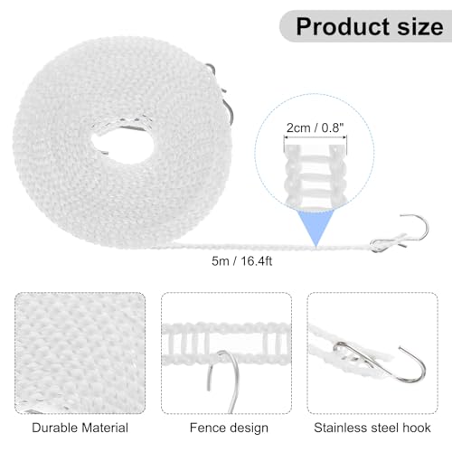 uxcell Windproof Clothesline, 5M 16.4ft Plastic Non-Slip Clothes Drying Rope Portable Travel Clothesline for Courtyard Outdoor Laundry Camping, White - color: White, size: 16.4ft