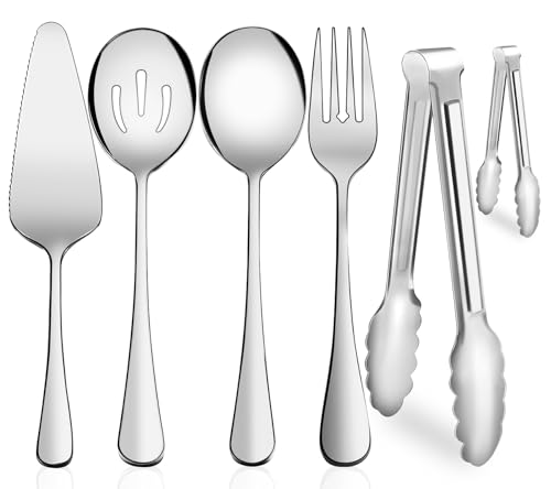 Serving Utensils, XEVOM 6-Piece Stainless Steel Serving Utensil Set Include Serving Spoon, Slotted Serving Spoon, Serving Fork,Serving Tong, Appetizers Tong,Pie Server (Silver), Regular - color: Silver