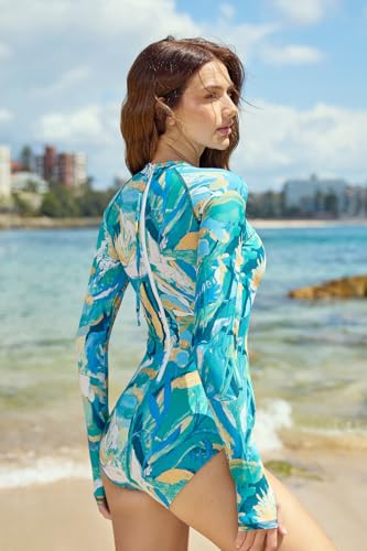 AXESEA Womens Long Sleeve Rash Guard UV UPF 50+ Sun Protection Printed Zipper Surfing One Piece Swimsuit Bathing Suit - color: Green(yellow), size: 8