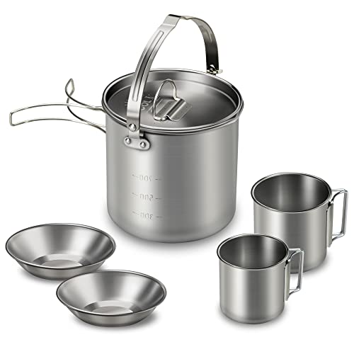 Lixada 5PCS Camping Cookware Set Stainless Steel 1.2L Camping Pot with 2 Cups & 2 Bowls, Lightweight Portable Backpacking Pot with Foldable Handles & Lid for Outdoor Cooking Hiking Picnic