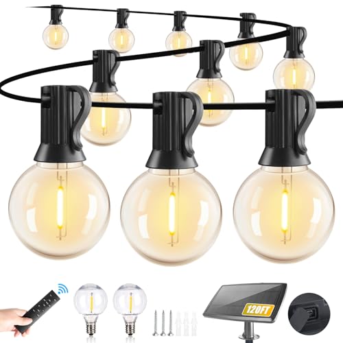 Yusist 120FT Solar String Lights Outdoor Waterproof with Remote, G40 Solar Powered String Lights with 40+2 LED Shatterproof Bulbs, Dimmable Solar Patio Hanging Lights for Outside Backyard Party - size: 120FT