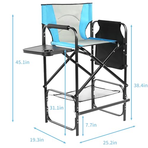 45" Tall Directors Chair,Camping Chairs for Adults,Portable Bar Height Folding Camping Chairs,with Cup Holder, Side Table, Storage Pocket, Footrest,for Fishing Sports Beach Picnic (Blue & Gray)