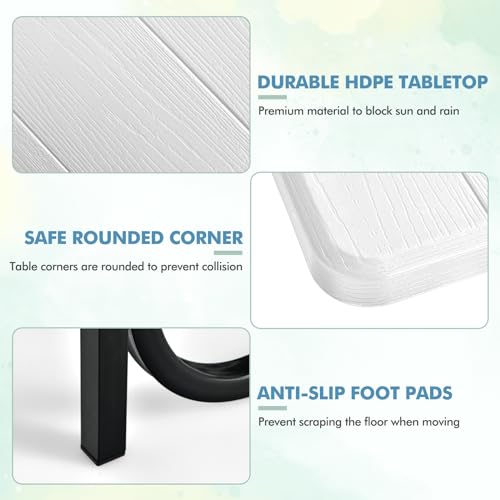 MEDIMALL Picnic Table, Portable Picnic Tables with Benches, Plastics Picnic Table Bench Set with Metal Frame & All Weather Tabletop, Large Camping Picnic Table for Outdoors, Backyard, Garden (White) - color: White