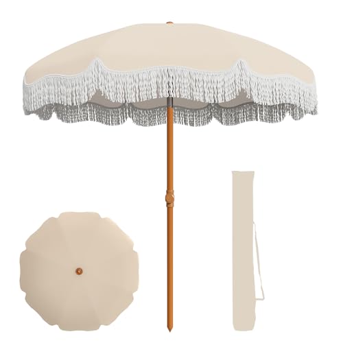 AreShark 7ft Patio Umbrella with Fringe, UPF50+ Beach Umbrella for Table, Pool & Garden, Portable Outdoor Tassels Umbrella w/Fiberglass Ribs&Push Bottom Tilt(Ivory) - color: Ivory, size: 7FT