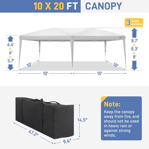 VINGLI 10x20 ft Pop Up Canopy Tent with 6 Sidewalls with Carry Bag, Outdoor Gazebo Shelter, Patio Event Tent Outdoor Canopy Commercial Canopy(White) - color: White