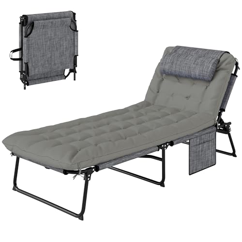 Outsunny Folding Chaise Lounge with 4-Level Reclining Back, Outdoor Tanning Chair with Cushion, Outdoor Lounge Chair with Breathable Mesh Fabric, Side Pocket, Headrest, Gray - color: Grey