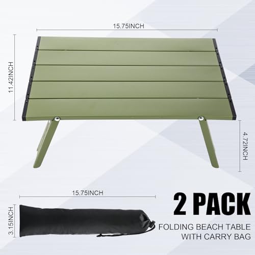 Barydat 2 Pack Small Folding Beach Table Aluminum Portable Camping Lightweight Roll up Tent Low Table for Sand Outdoor Compact Picnic with Carry Bag for Outdoor Picnic Tent Travel Beach (Green) - color: Green