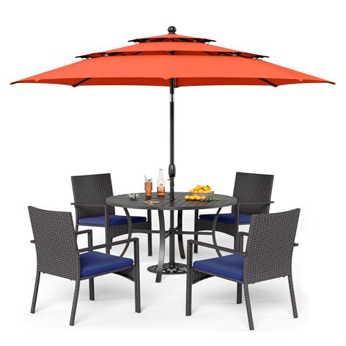 PHI VILLA 5 Pieces Outdoor Dining Set with Umbrella for 4, Round Metal Iron Dining Table & Wicker Chairs with Cushions & Large Red Umbrella, Morden Dining Furniture for Patio, Deck, Yard, Porch - color: Red, size: 5PCS 42" Round Table