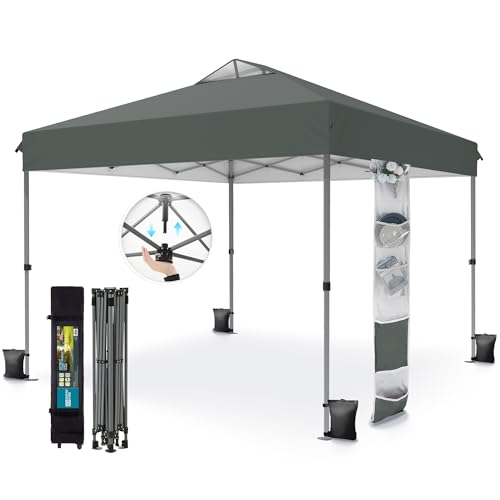 PHI VILLA 10x10ft 1-Person Setup Pop Up Canopy Tent Instant Portable Shelter w/ 1-Button Push, Case, 4 Weight Bags - Gray - color: Gray, size: 10×10 one push