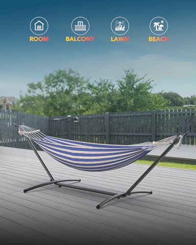 EveryFun Double Hammock with Heavy-Duty Steel Stand,Portable,Easy Assembly,600lbs Weight Capacity,Perfect for Indoor,Yard,Camping,or Outdoor-BlueWhite - color: Dc-bluewhite